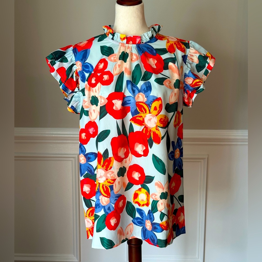 Floral Print Flounce Sleeve Top size XL